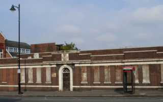 The entrance to Hornsey Baths in 2013 before demolition