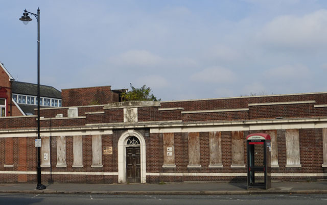 The facade of Hornsey Baths in 2013 before it was demolished.