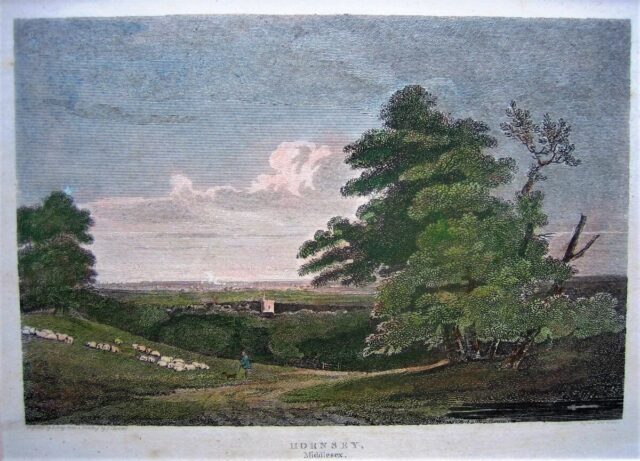 Distant View of Hornsey Churcy, J Clennell, Beauties of England and Wales, 1816