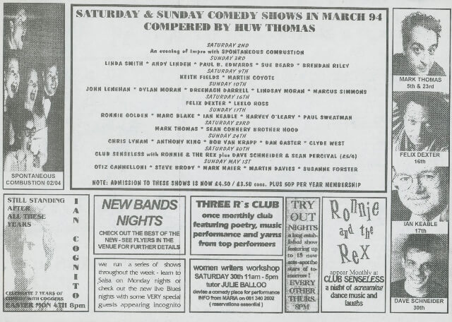 Flyer for Downstairs at the Kings Head, March 1994