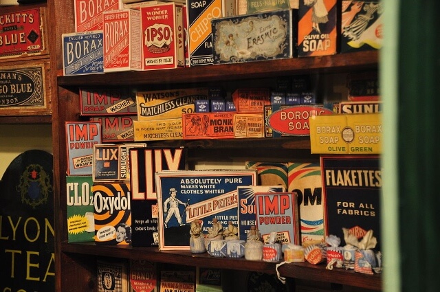 A display of cleaning products in a shop from over 100 years ago.