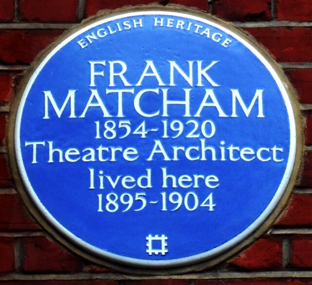 The plaque commemorating Frank Matcham's residence at 10 Hazelmere Road, Crouch End