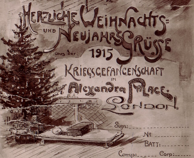 New Year greetings card by artist Tony Binder when interned at Alexandra Palace
