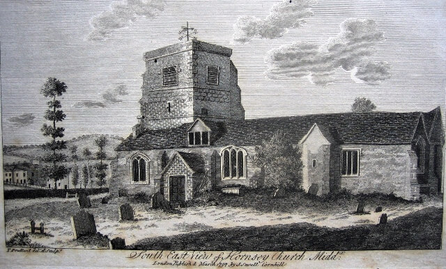 Hornsey Church from the south east by Thomas Prattent, European Magazine, 1797