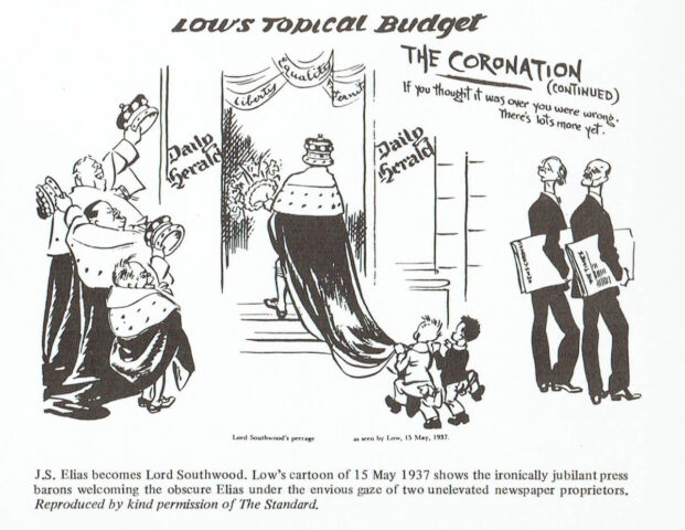 Newspaper cartoon from 1937 showing Julias Elias becoming Lord Southwood