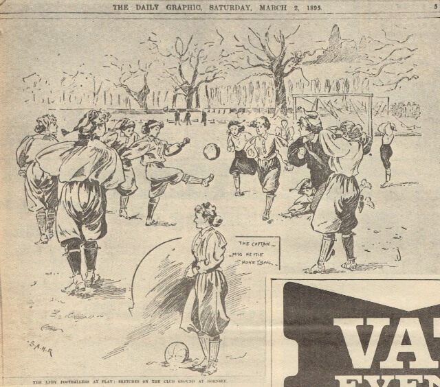 A sketch of women playing football on the club ground at Hornsey