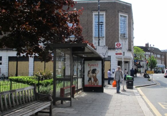 Empty bus Stop outside Hornsey Town Hall, May 2020