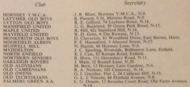 Cutting from the Middlesex Sports Guide, 1962, listing Muswell Hill