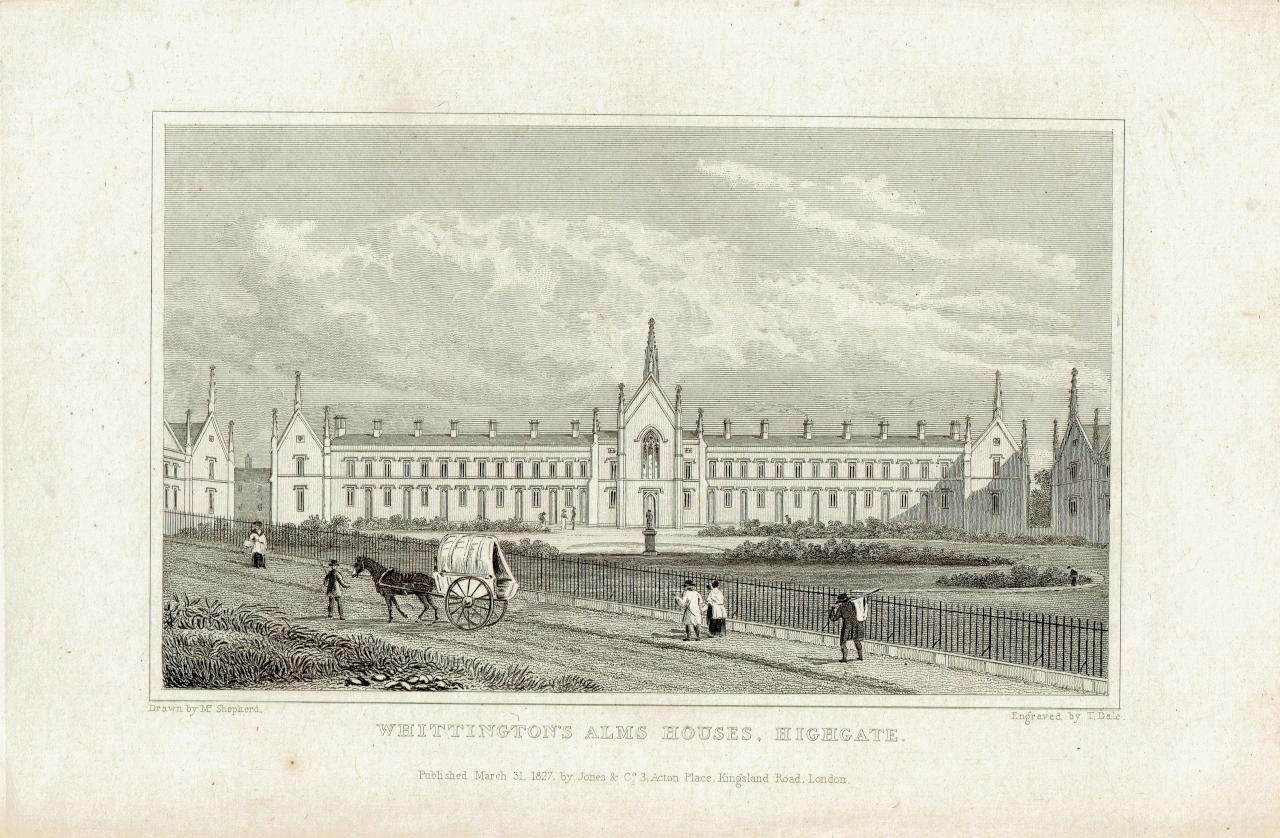 Whittington Almshouses. Highgate. Drawn by Mr Shepherd, engraved by T. Dale